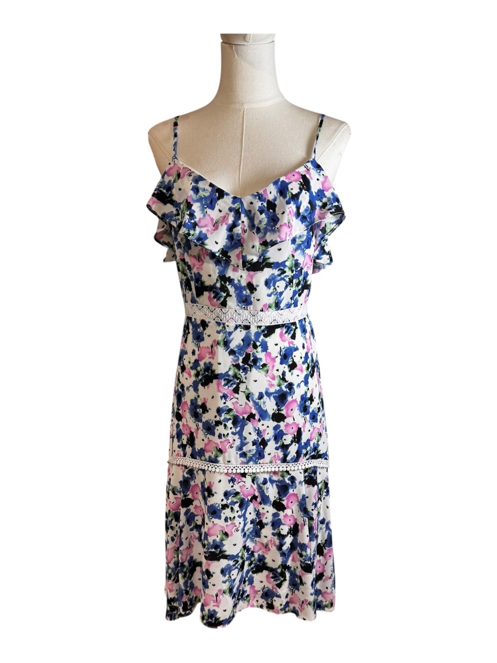 BCBGMAXAZRIA Blue Pink Floral Ruffle Cami Midi Dress Size 8 NWOT